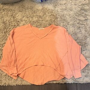Free People Peach V-Neck Waffle Knit Sweatshirt